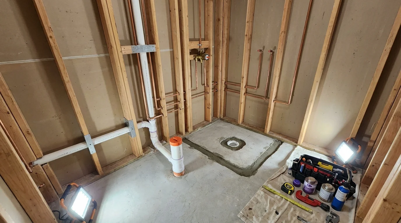 Bathroom rough-in plumbing during remodel by Johns Plumbing LLC in Brookline