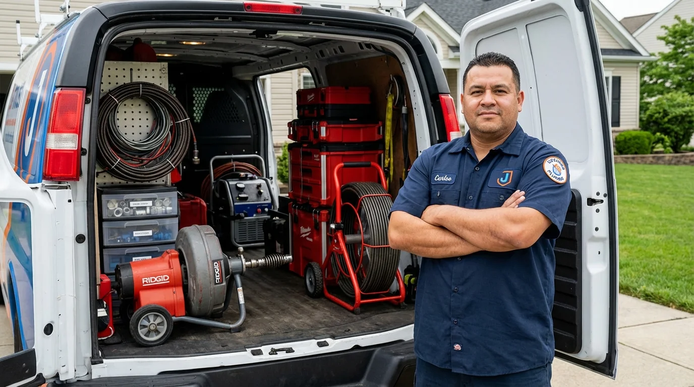 Professional drain cleaning equipment and Johns Plumbing LLC plumber in Brookline