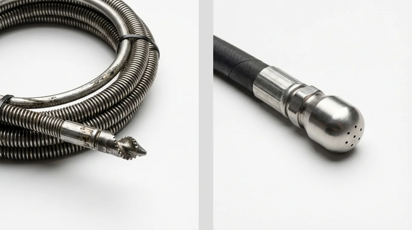 Drain snake cable and hydro jetting nozzle used for drain cleaning in Brookline, NH