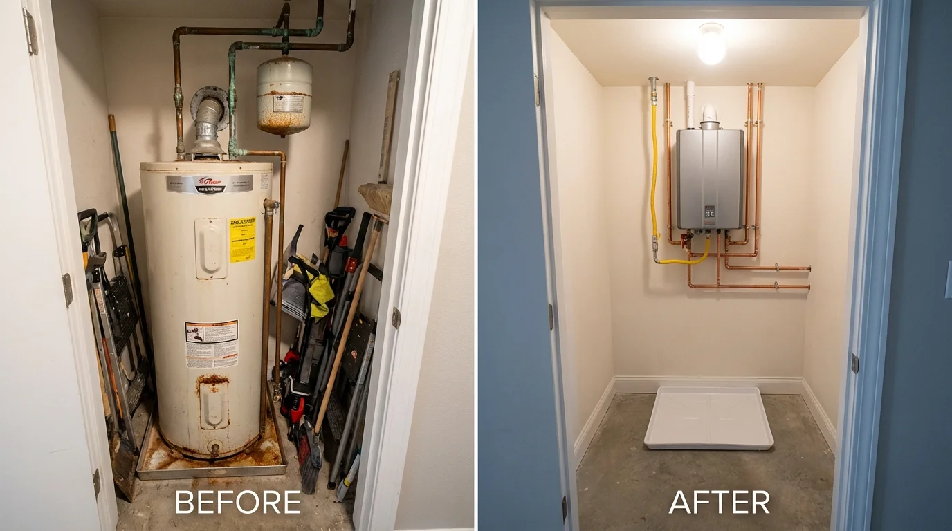 Tank water heater versus wall-mounted tankless unit comparison for Brookline, NH homeowners