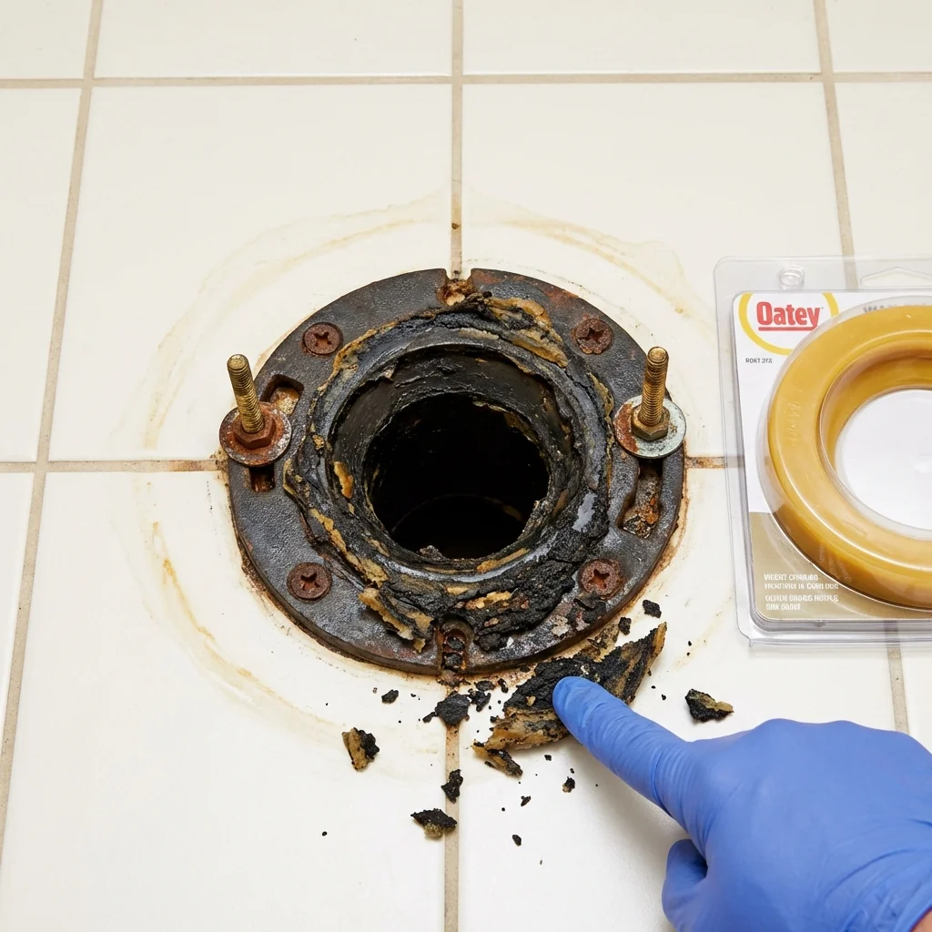 Failed wax ring showing water seepage at the base of a toilet in a Brookline, NH home