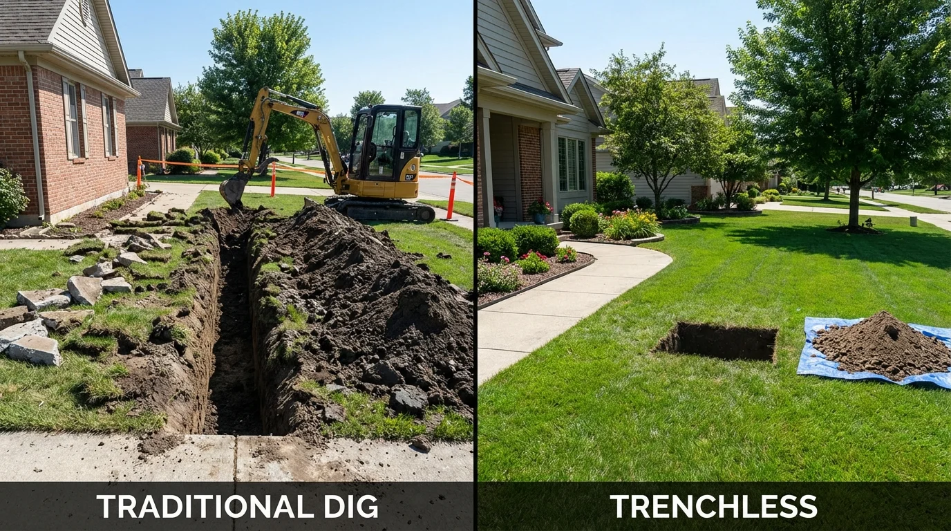 Trenchless sewer repair with minimal yard damage versus traditional excavation in Brookline, NH