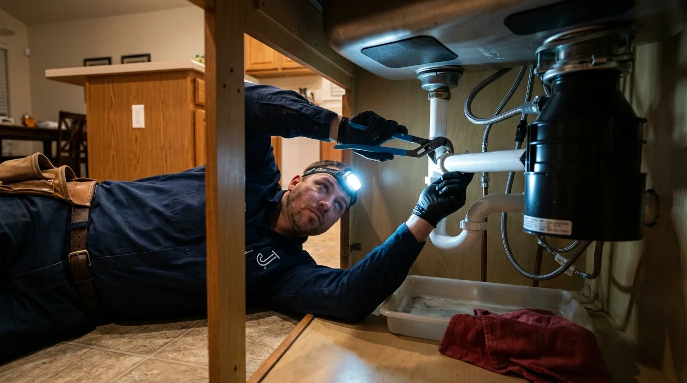 P-trap and supply line connections under a kitchen sink showing a common leak point in Brookline, NH